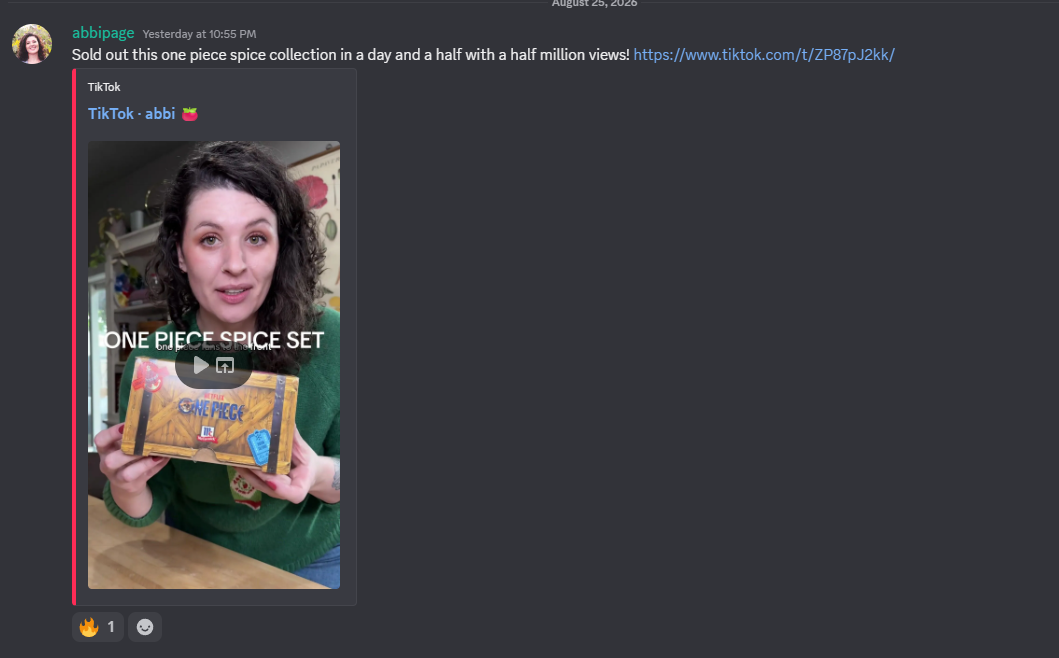 Abbi — sold out this one piece spice collection in a day and a half with half a million views